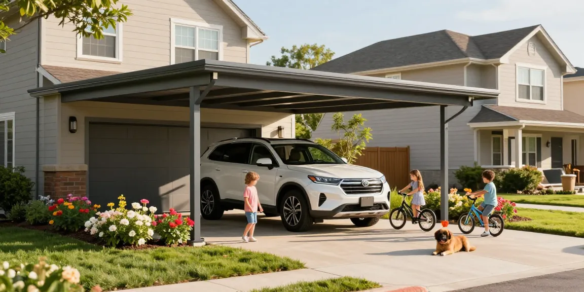 Moderne Carport-Lösung für Familienfahrzeuge in einer einladenden Nachbarschaft, Kinder spielen in der Nähe.