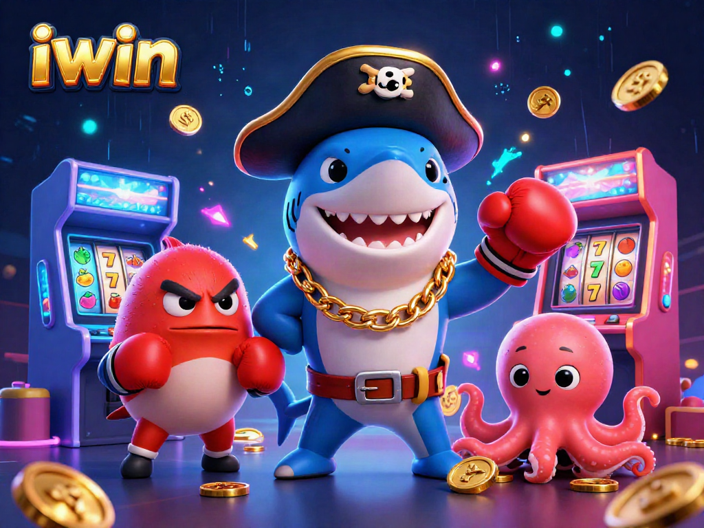 iwin brings luck in a vibrant casino scene with a shark, pufferfish, and octopus amidst slot reels.