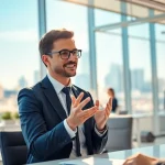 Headhunter Schweiz führt ein Gespräch im modernen Büro mit Stadtblick.
