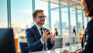 Headhunter Schweiz führt ein Gespräch im modernen Büro mit Stadtblick.