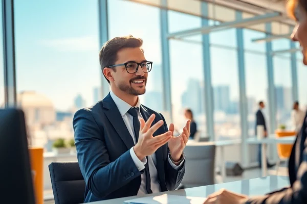 Headhunter Schweiz führt ein Gespräch im modernen Büro mit Stadtblick.