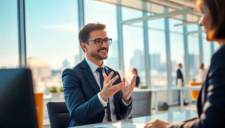 Headhunter Schweiz führt ein Gespräch im modernen Büro mit Stadtblick.