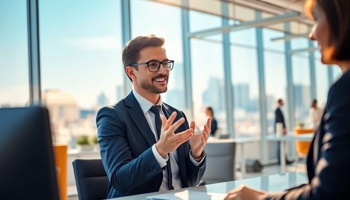 Headhunter Schweiz führt ein Gespräch im modernen Büro mit Stadtblick.