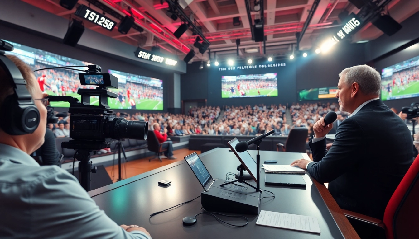 Engaging scene of sports broadcasting with hosts and screens highlighting live action in a professional studio.