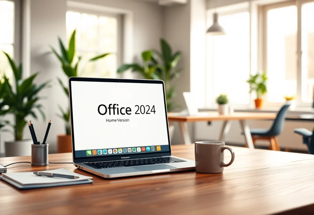 Office 2024 Home Version für macOS auf einem MacBook in einer modernen Büroumgebung.