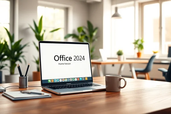 Office 2024 Home Version für macOS auf einem MacBook in einer modernen Büroumgebung.