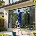 Professionelle Fensterreinigung in Münster mit einem Reiniger, der streifenfreie Fenster in einer hellen Wohnumgebung gewährleistet.