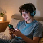 Engaging with an nsfw chat bot in a cozy bedroom setting with colorful LED lights.