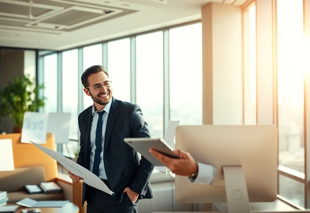 Headhunter Ingenieure berät Kunden in modernem Büro mit Engineering-Plänen.