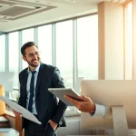 Headhunter Ingenieure berät Kunden in modernem Büro mit Engineering-Plänen.