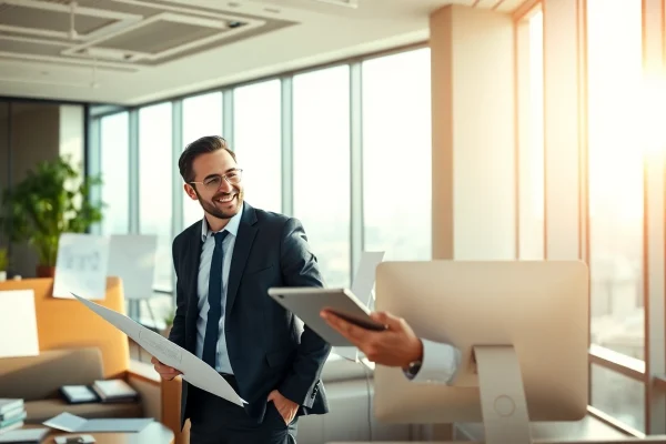 Headhunter Ingenieure berät Kunden in modernem Büro mit Engineering-Plänen.