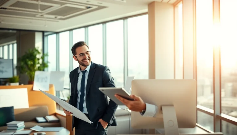 Headhunter Ingenieure berät Kunden in modernem Büro mit Engineering-Plänen.