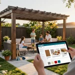 Pergola Konfigurator 3D, der Anpassungsoptionen für den Außenbereich zeigt, mit einer Familie, die eine moderne Pergola genießt.