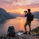 Reisender am Gardasee während des Sonnenuntergangs, der atemberaubende Ausblicke mit Gardasee Reisetipps im Hinterkopf festhält.