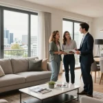 Immobilienmakler Frankfurt Dornbusch zeigt potenziellen Käufern ein elegantes Wohnungsinterieur in einem hellen Wohnzimmer mit Stadtblick.