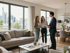 Immobilienmakler Frankfurt Dornbusch zeigt potenziellen Käufern ein elegantes Wohnungsinterieur in einem hellen Wohnzimmer mit Stadtblick.