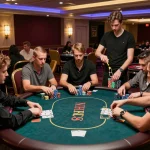 Engagierte Spieler an einem Pokertisch, die Professionalität in einem lebhaften Umfeld zeigen, Immobilienmakler Frankfurt Dornbusch im Fokus.