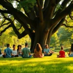 Menschen in Meditation beim schutzgebet in einem friedlichen Park.