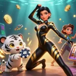 Engage with สล็อตเว็บตรงแท้ through this vibrant 3D illustration featuring a dynamic mix of characters and casino elements.