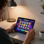 B52club user engaged in online gaming on a tablet with vibrant slot games displayed.