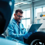 Kfz Sachverständiger Düsseldorf bewertet ein Fahrzeug in einem modernen Büro.