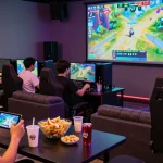 Exciting gaming atmosphere at https://b52club.radio.fm/ with friends enjoying mobile games in a vibrant lounge setting.