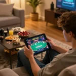 Engaging player enjoying hitclub poker game on tablet in cozy home setting.