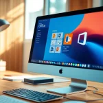 Kauf des Office Standard 2024 für Mac Lizenzschlüssel auf einem modernen Arbeitsplatz zeigen