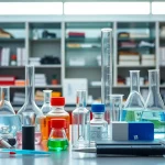 Labormaterial bestellen auf einem Schreibtisch mit Bechern und Sicherheitsausruestung praesentieren.