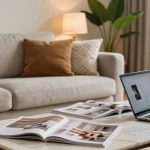 Eine stilvolle Wohnzimmerszene, die Möbel online kaufen fördert, mit einer Person, die auf einem Laptop nach Möbeloptionen inmitten eleganter Dekoration sucht.