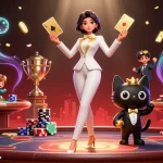 Engage with soikeoso1 as a glamorous dealer showcases golden cards beside a cute kitty, enriched with casino elements.