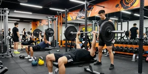 Anabolika Shop: Bodybuilder im Fitnessstudio beim Training mit Gewichten und modernem Equipment.
