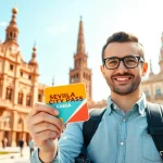 Mit Sevilla City Pass erkundet der Reiseführer Seville, ikonische Sehenswürdigkeiten im Hintergrund.