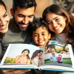 BabyAlbum24.de: Glückliche Familie mit Fotobuch voller lebendiger Erinnerungen.