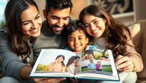 BabyAlbum24.de: Glückliche Familie mit Fotobuch voller lebendiger Erinnerungen.