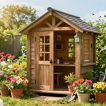 Das Gartenhaus von McGarden24 umgeben von blühenden Pflanzen und einem Gärtner, der mit Werkzeugen arbeitet, ideal für Gartenliebhaber.