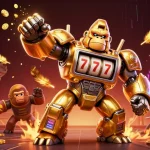 Zoccer casino bewertungen showcases a vibrant scene with an animated golden gorilla mech, coins, and dynamic elements representing exciting casino gameplay.