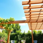 Hier klicken und informieren ueber eine moderne Terrassenueberdachung in einem schoenen Garten.