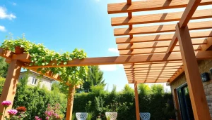 Hier klicken und informieren ueber eine moderne Terrassenueberdachung in einem schoenen Garten.