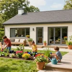 Gartenhaus im Freien mit einer Familie, die im Garten arbeitet und die Natur genießt
