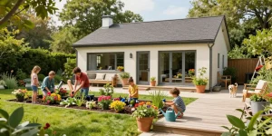 Gartenhaus im Freien mit einer Familie, die im Garten arbeitet und die Natur genießt