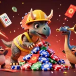 Sunwin showcases a lively 3D scene with a triceratops building poker chips amid festive decorations, celebrating excitement.