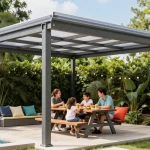 Freistehende Terrassenüberdachung mit Familie im Freien, sonniger Tag.