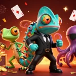 Zoccer casino offers thrilling gaming experiences with a colorful, dynamic illustration featuring animated characters and game elements.