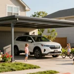 Moderne Carport-Lösung für Familienfahrzeuge in einer einladenden Nachbarschaft, Kinder spielen in der Nähe.