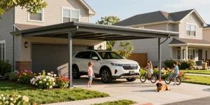 Moderne Carport-Lösung für Familienfahrzeuge in einer einladenden Nachbarschaft, Kinder spielen in der Nähe.