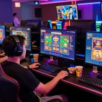 Players exploring สล็อตเว็บตรง options in a vibrant online gaming setup with colorful slot games and engaging graphics.